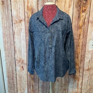 Liz Claiborne XL Women's Denim 3/4 Button up Blue Pattern  Long Sleeve Shirt